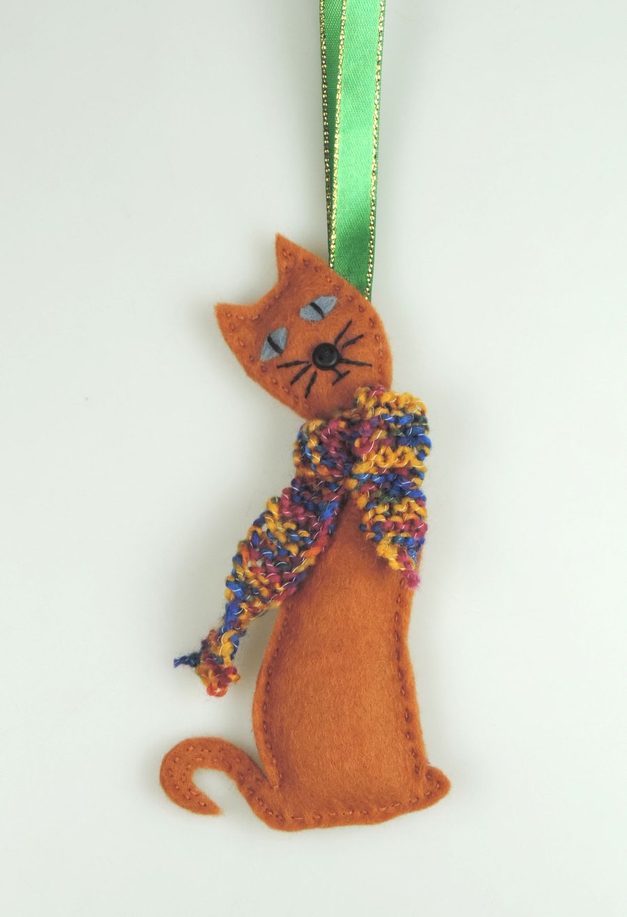 Felt Slinky Cat Handmade Christmas Decoration with Hand Knitted Scarf