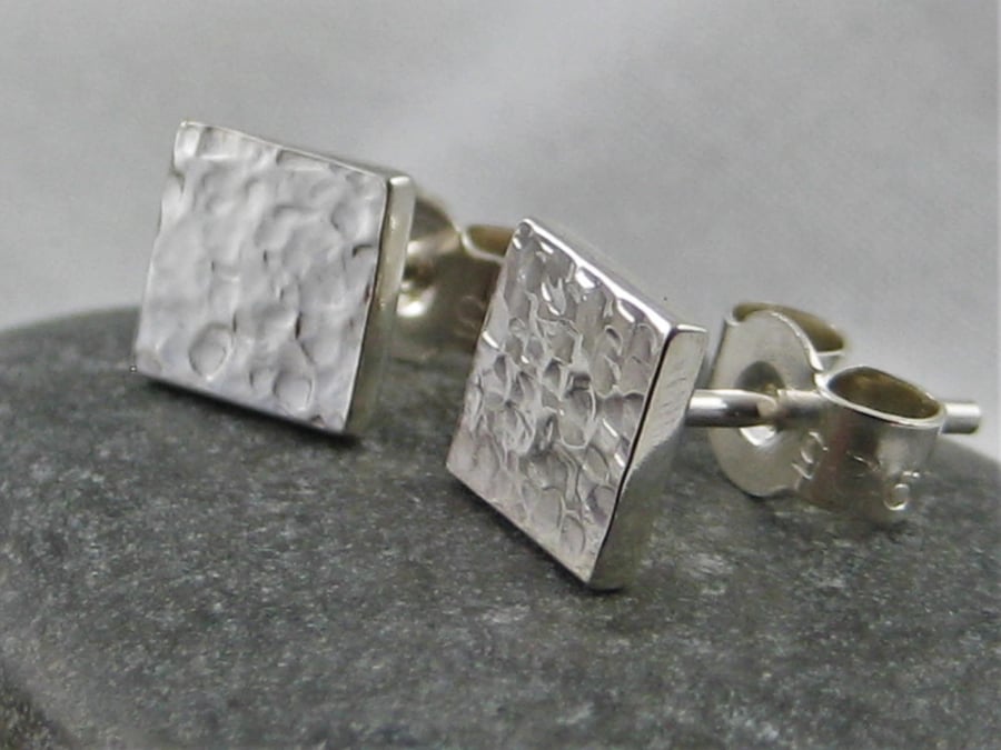 Sterling Silver Square Ear Stud Earrings 6mm Hammered-Sparkly Handmade UK