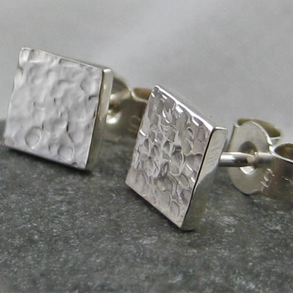 Sterling Silver Square Ear Stud Earrings 6mm Hammered-Sparkly Handmade UK