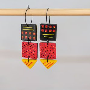 Square red yellow and black reversible earrings 