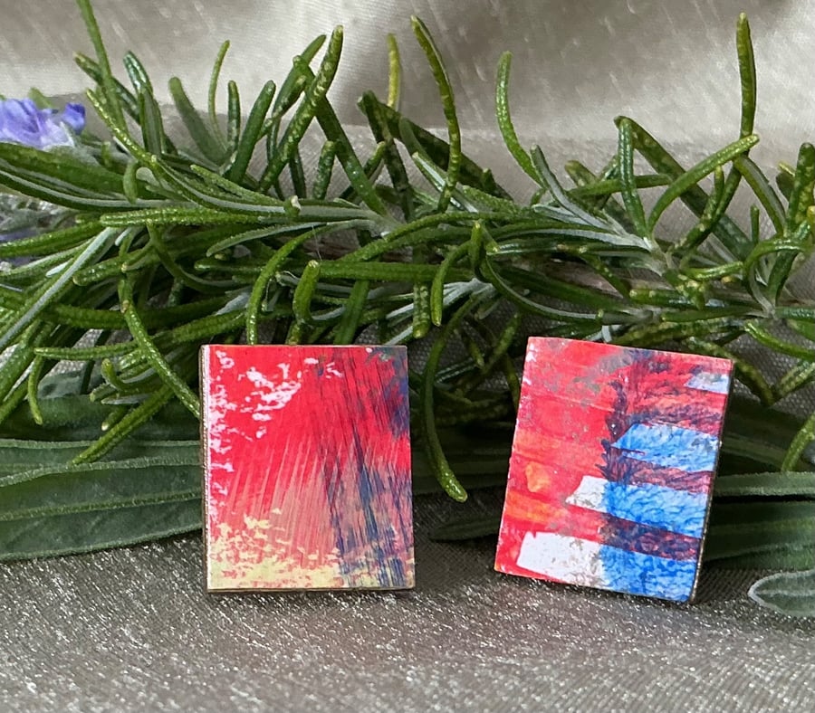 Blazing Red & Blue, Stainless Steel Post Earrings.