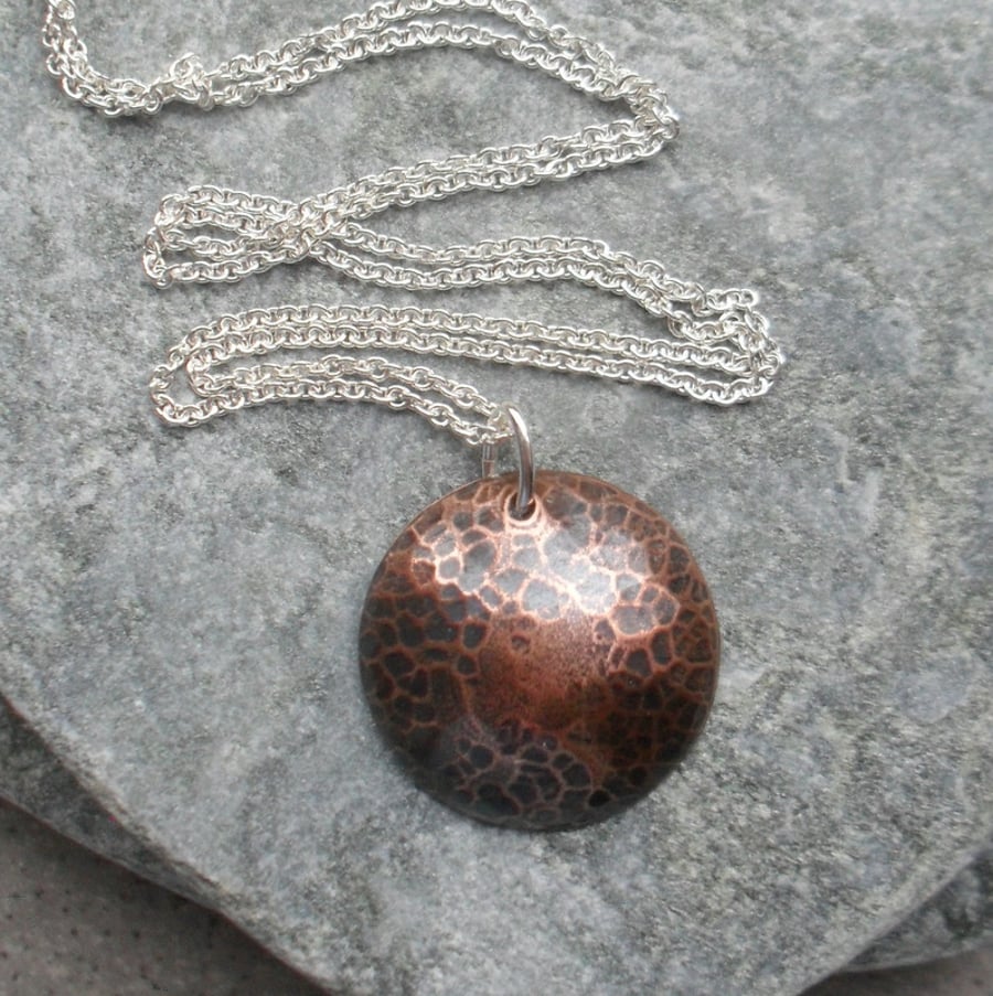 Oxidised  Copper Domed Disc Pendant With Sterling Silver Chain 