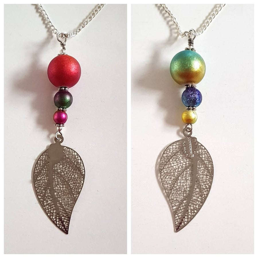 Colourful Bead Leaf Necklace - Lightweight Silver Leaf Pendant