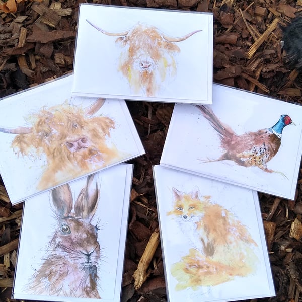 Mixed pack of 5 blank greeting cards, farm and countryside animals