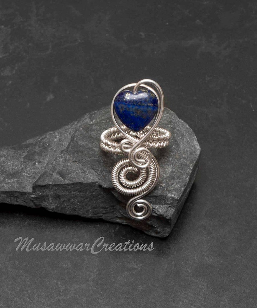 Silver heart shape spiral Lapis Lazuli ring ,silver plated ring,handmade ring.