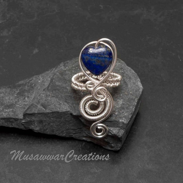 Silver heart shape spiral Lapis Lazuli ring ,silver plated ring,handmade ring.