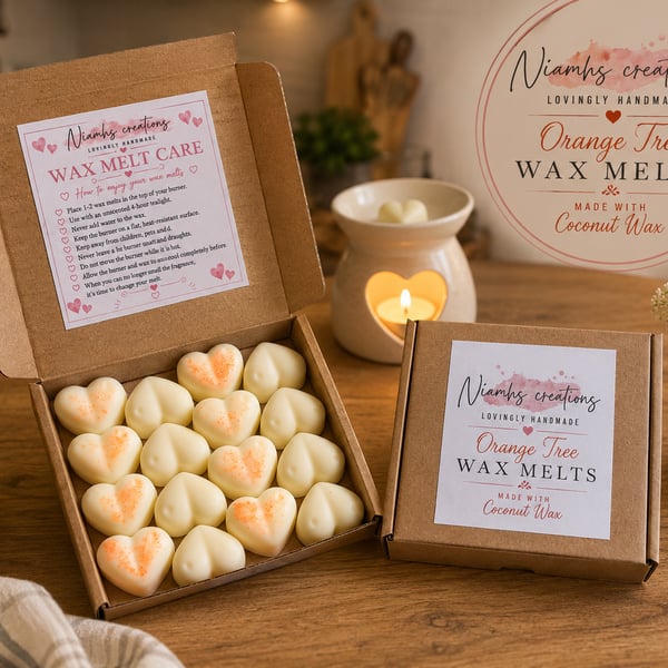 Orange Wax Heart Melts, Neroli, Petitgrain Essential Oil, Vegan, Coconut Wax