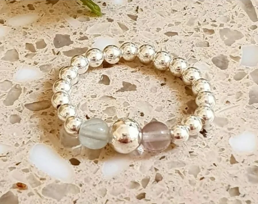 Fluorite ring Stretchy beaded ring sterling silver ring gift for her handmade uk