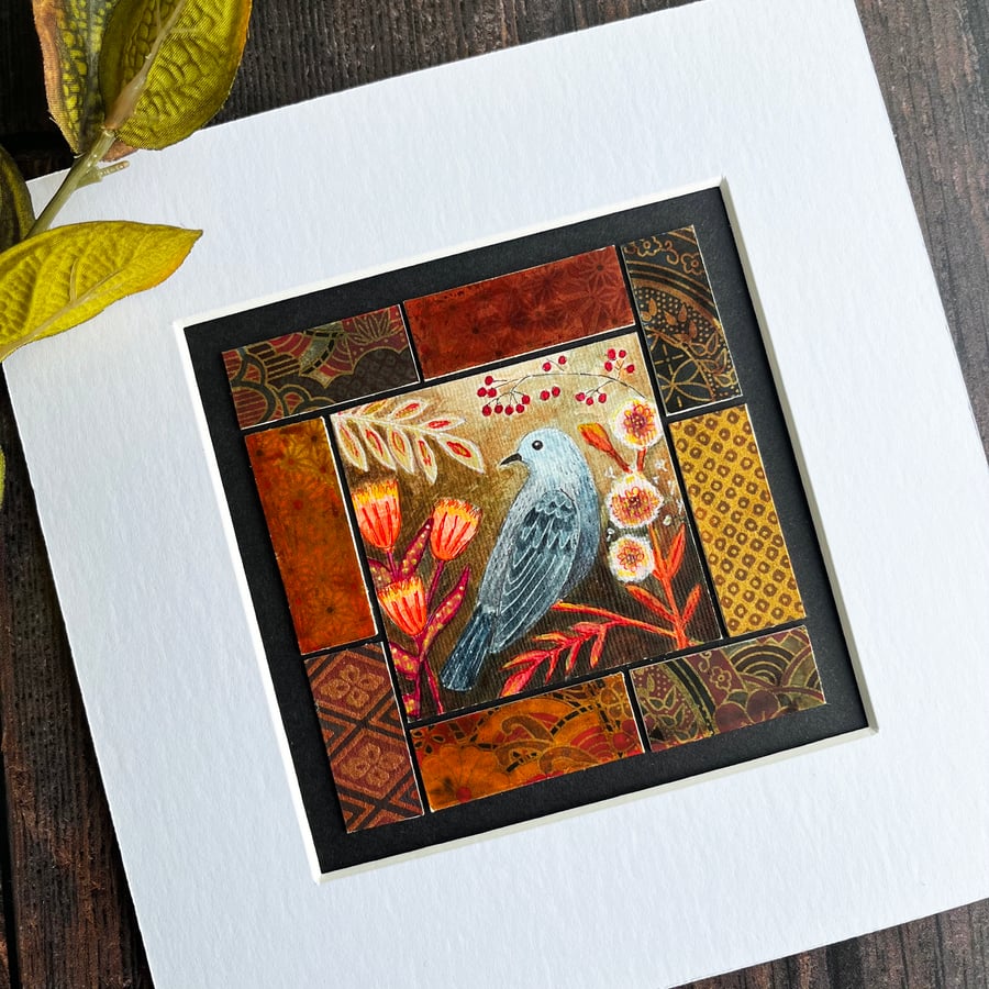 Small ink and acrylic painting of a bird and flowers, boho style border