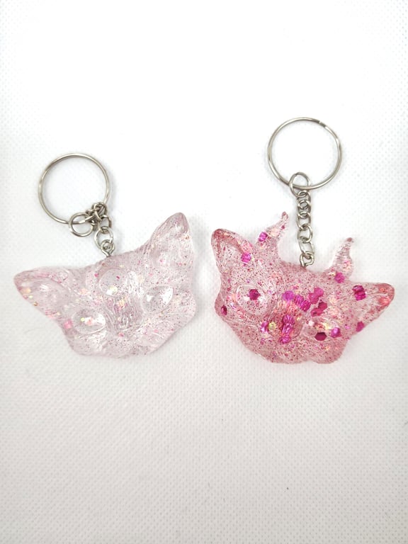 Pink Glitter Horned Cat Keyring: Kawaii Resin- Sparkly Handmade Set Friends Gift