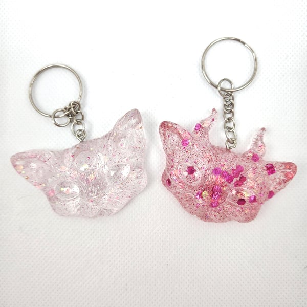 Pink Glitter Horned Cat Keyring: Kawaii Resin- Sparkly Handmade Set Friends Gift