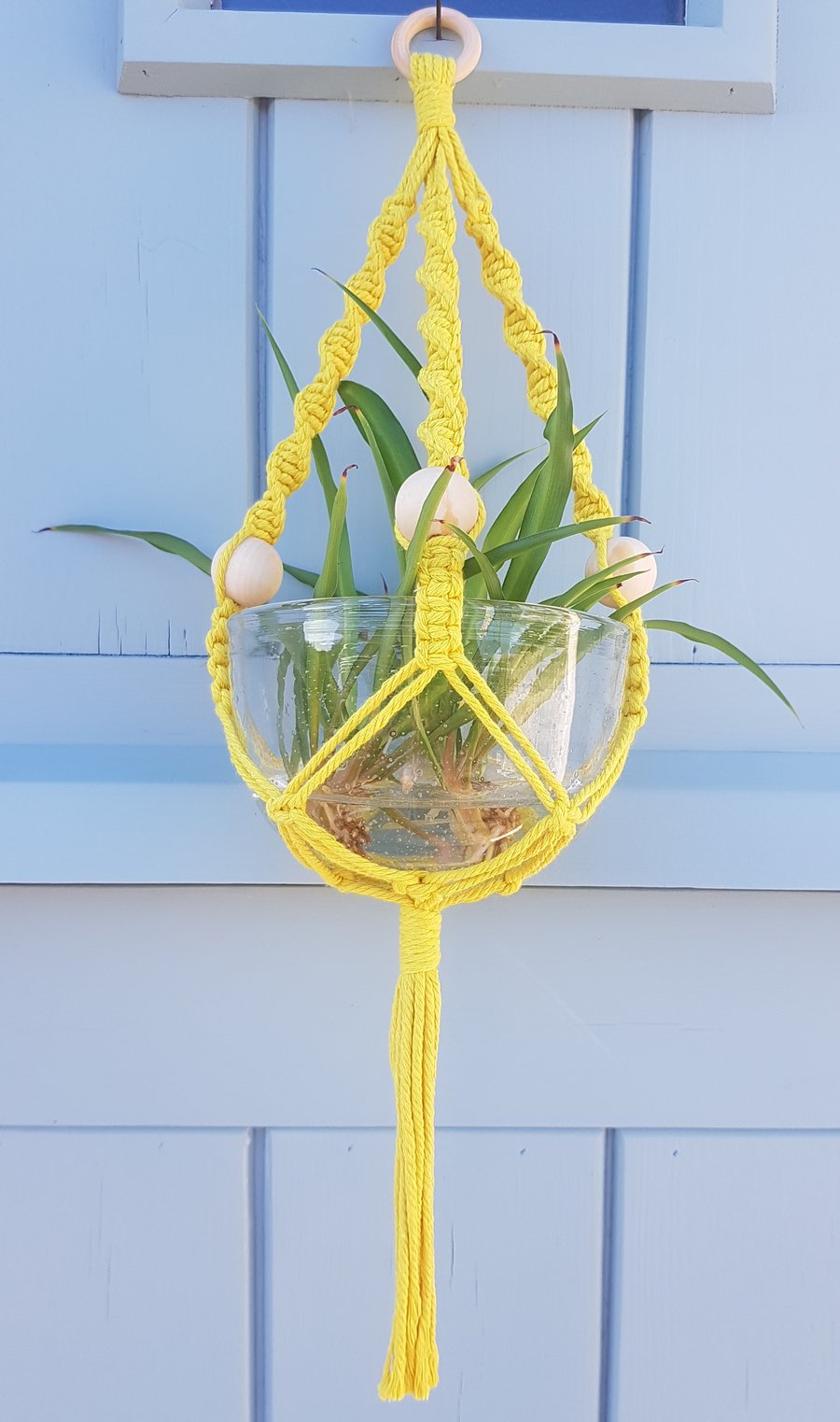 Seconds Sunday yellow macrame plant holder hanging basket with wooden beads