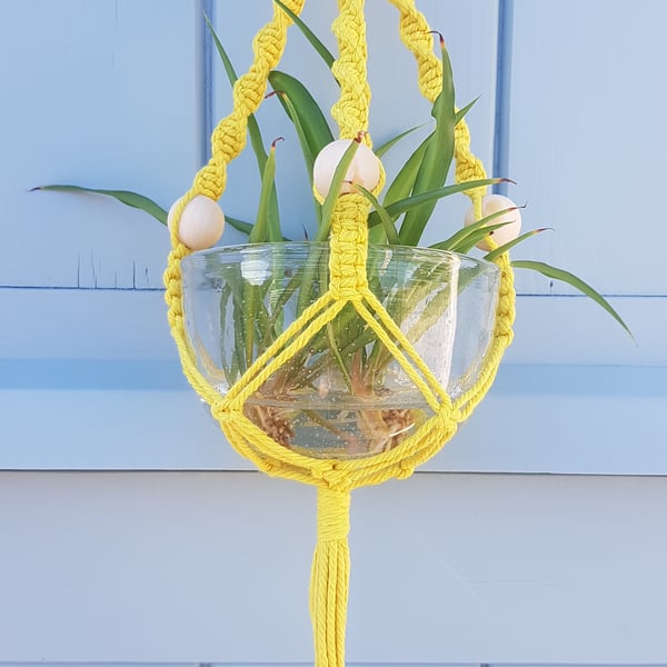 Seconds Sunday yellow macrame plant holder hanging basket with wooden beads