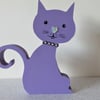Cat Wooden Ornament Hand Painted Cat Shape in Wood Light Purple Lavender 