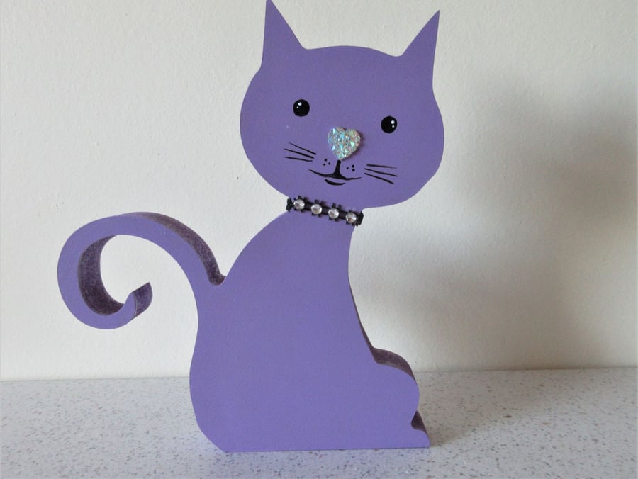 Cat Wooden Ornament Hand Painted Cat Shape in Wood Light Purple Lavender 