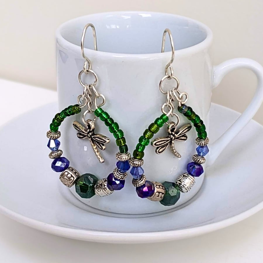 Boho Style Hoop Earrings In Blue and Green with Dragonfly Charm
