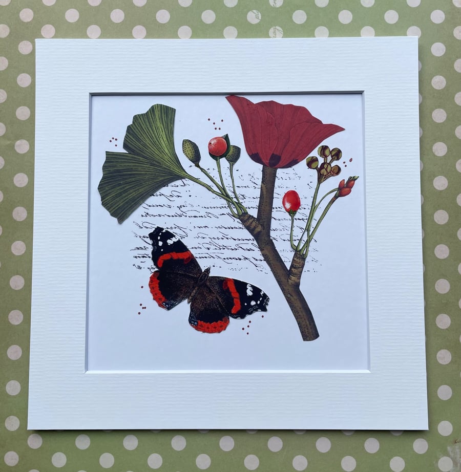 Unique Handcrafted Collage of a Red Admiral Butterfly with Quirky Botanicals