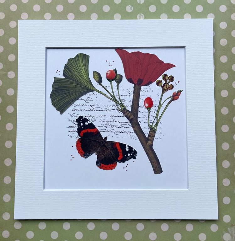 Unique Handcrafted Collage of a Red Admiral Butterfly with Quirky Botanicals