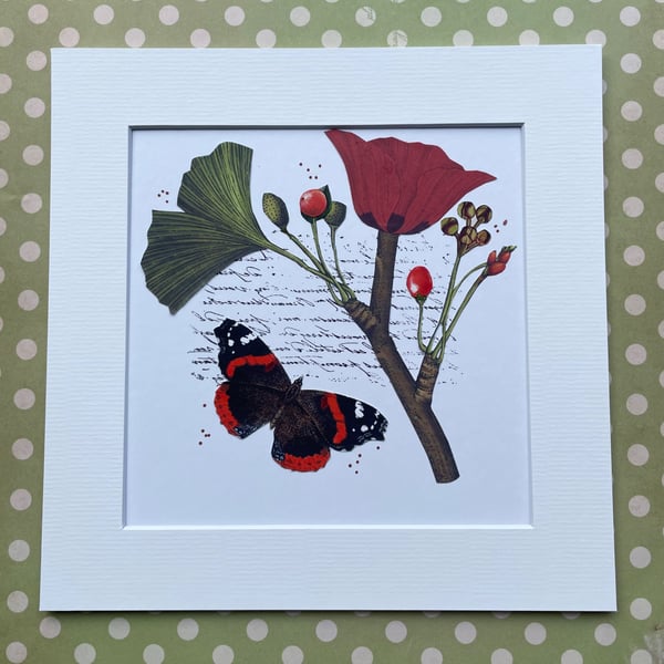 Unique Handcrafted Collage of a Red Admiral Butterfly with Quirky Botanicals