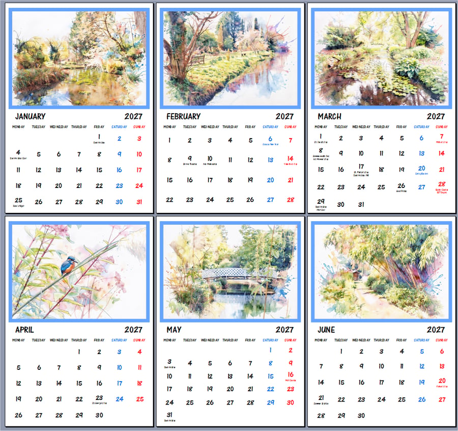 2027 A4 Calendar Gooderstone Water Gardens Norfolk Wire Hanging 