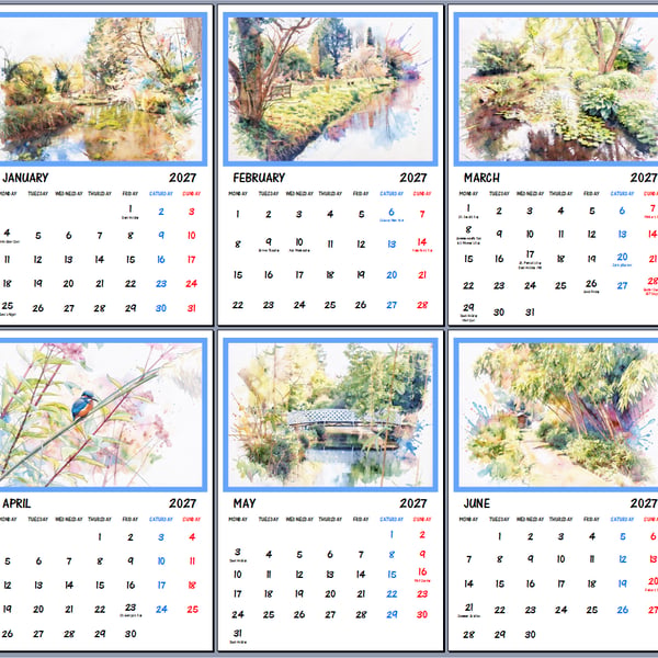 2027 A4 Calendar Gooderstone Water Gardens Norfolk Wire Hanging 