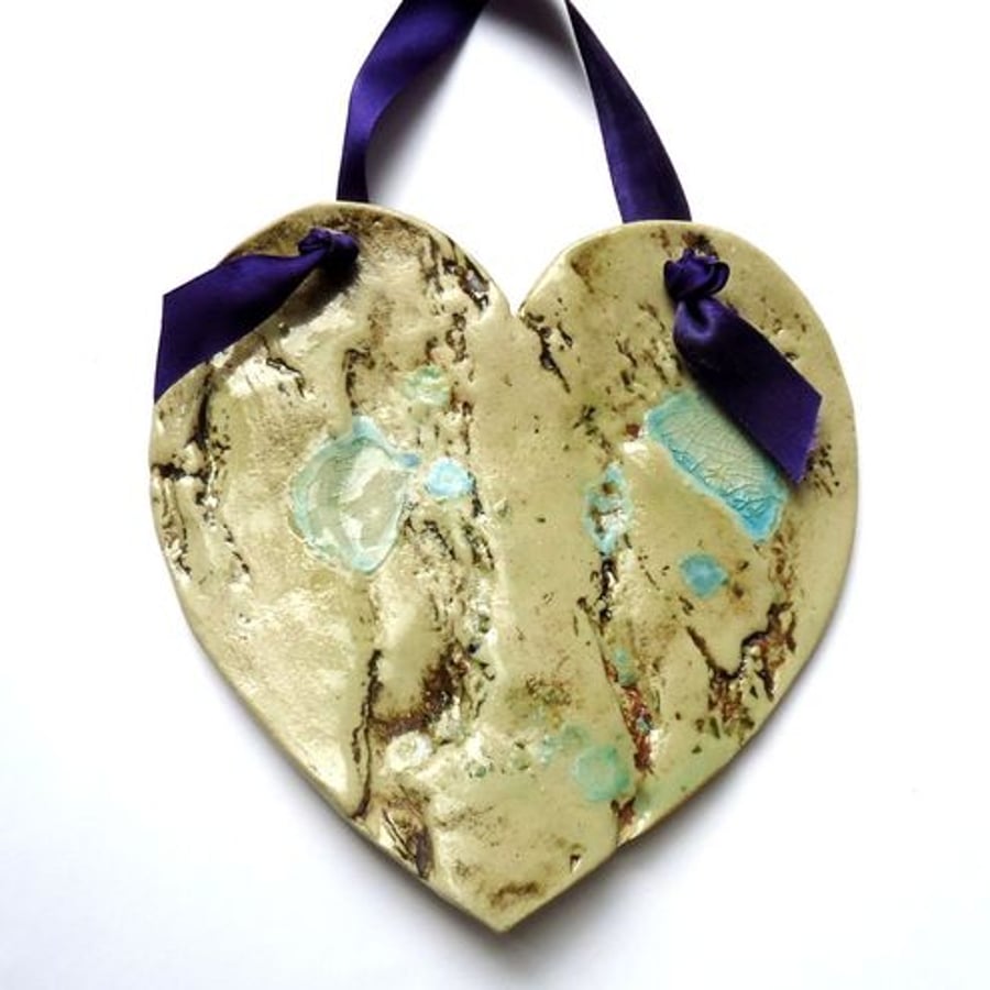 Image of Ceramic Heart Plaque with Purple Ribbon