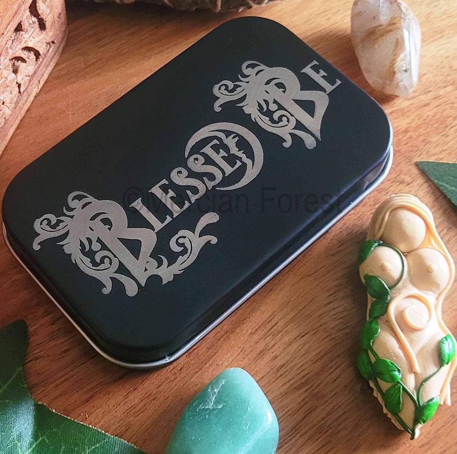 Blessed Be Engraved Tin with Altar Goddess Pagan Decoration Wicca Witch