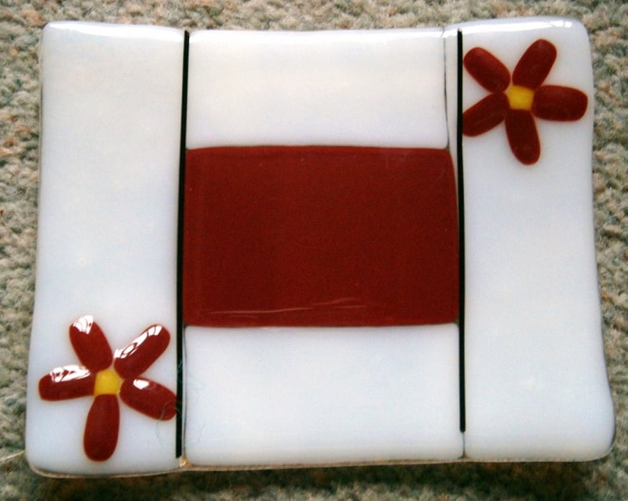 White fused glass soap dish with red flower decoration