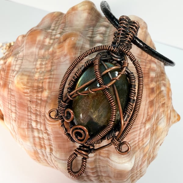 Love Tokens: Copper Wire Wrapped Labradorite Pendant On Waxed Cord Necklace