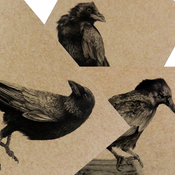 Crow print set on natural recycled card stock, A5