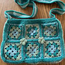 Green and blue granny square handbag with cotton lining