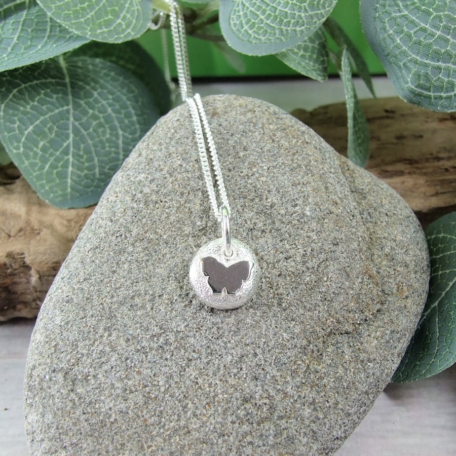 Silver Pebble Pendant with Butterfly, Recycled Silver Necklace