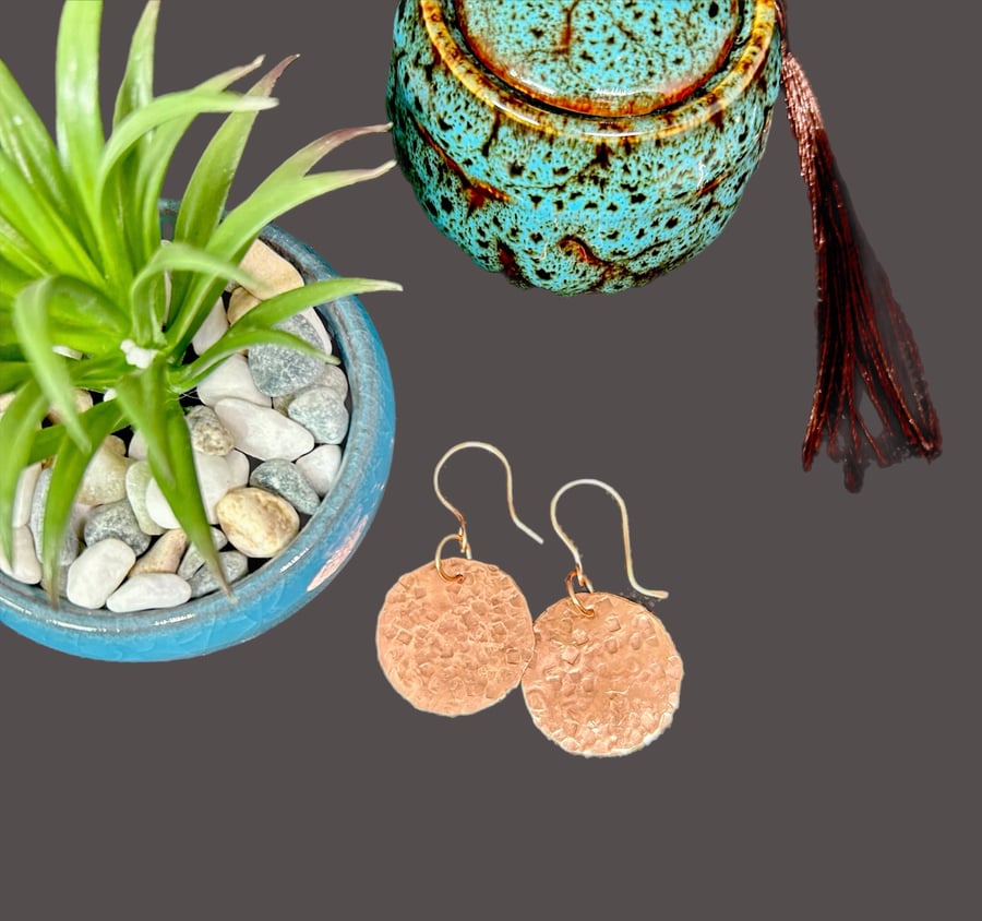 Textured Copper Disc Earrings  - Gift, Birthday, Bohemian Style