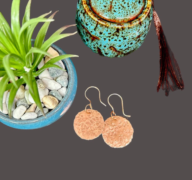 Textured Copper Disc Earrings  - Gift, Birthday, Bohemian Style