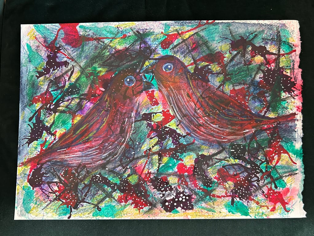 Love Birds - Original watercolour and ink painting.  Illustrative style 