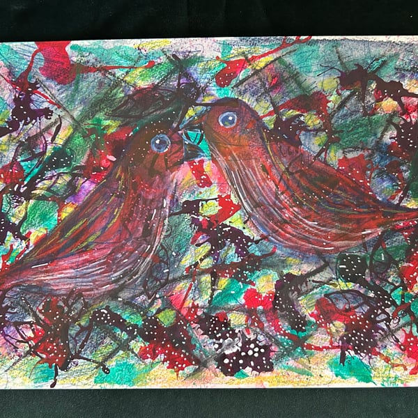 Love Birds - Original watercolour and ink painting.  Illustrative style 