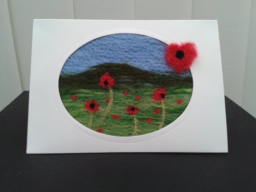 Greetings card, picture - needle felted poppies