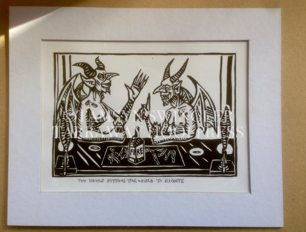 Two Devils Putting the World to Rights - Limited Edition - Linoprint