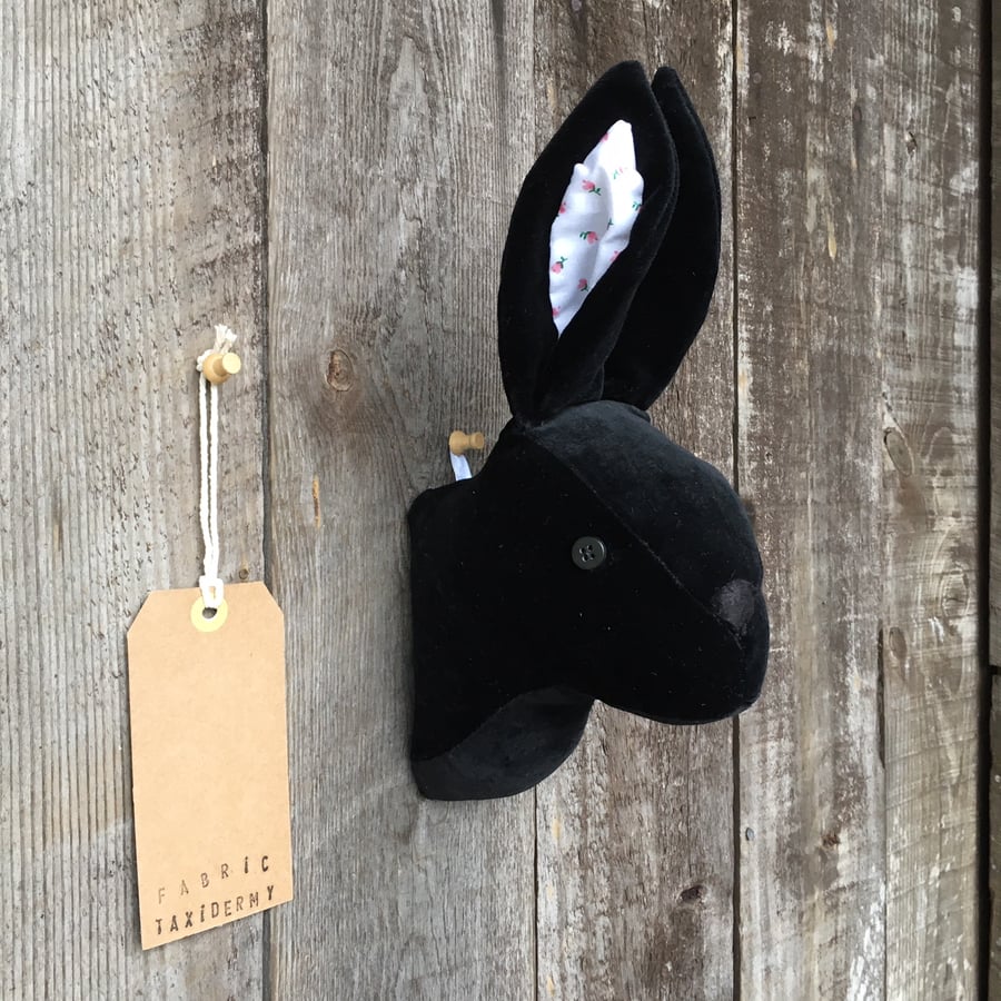 Wall mounted Rabbit head - Black with white, pink & green ears