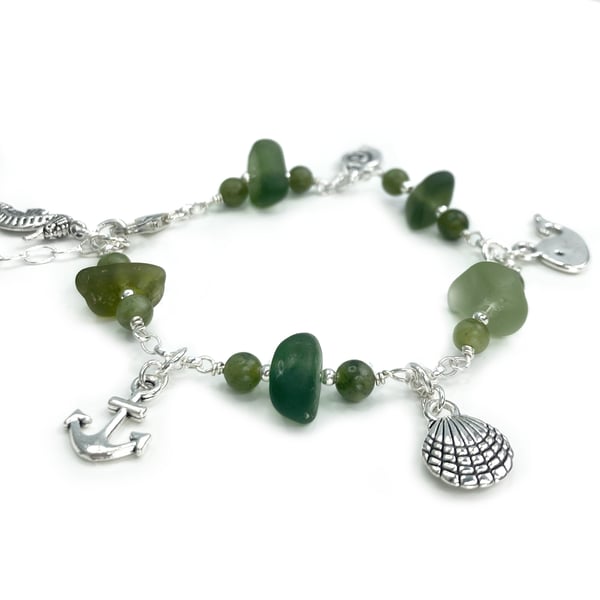 Green Sea Glass Charm Bracelet with Jade Crystal Beads & Seaside Charms.
