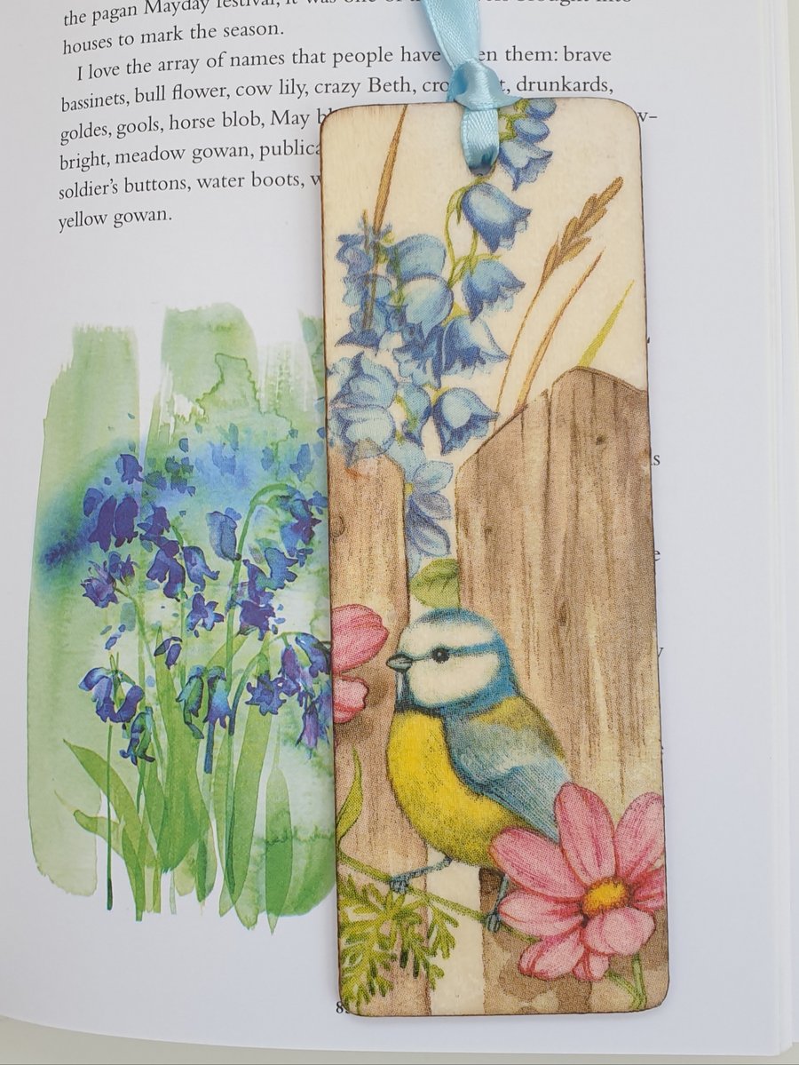 Bluetit wooden bookmark, decoupaged garden bird bookmark for a bird lover 