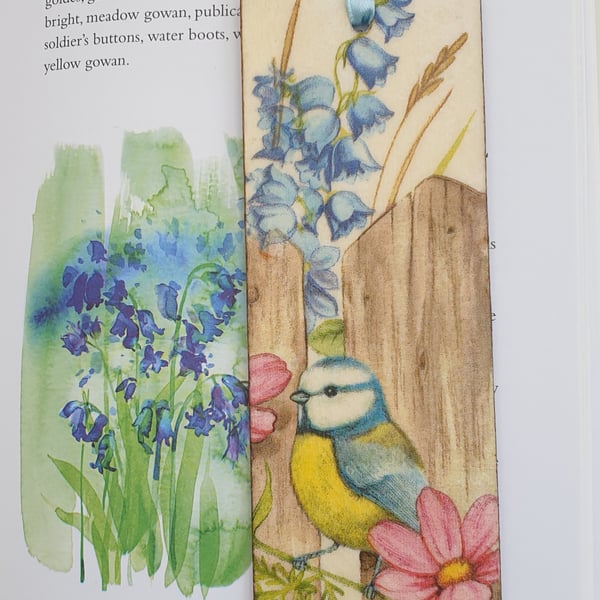 Bluetit wooden bookmark, decoupaged garden bird bookmark for a bird lover 