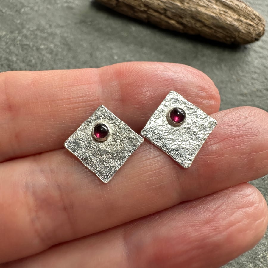 Square sterling silver garnet stud earrings, handmade jewellery