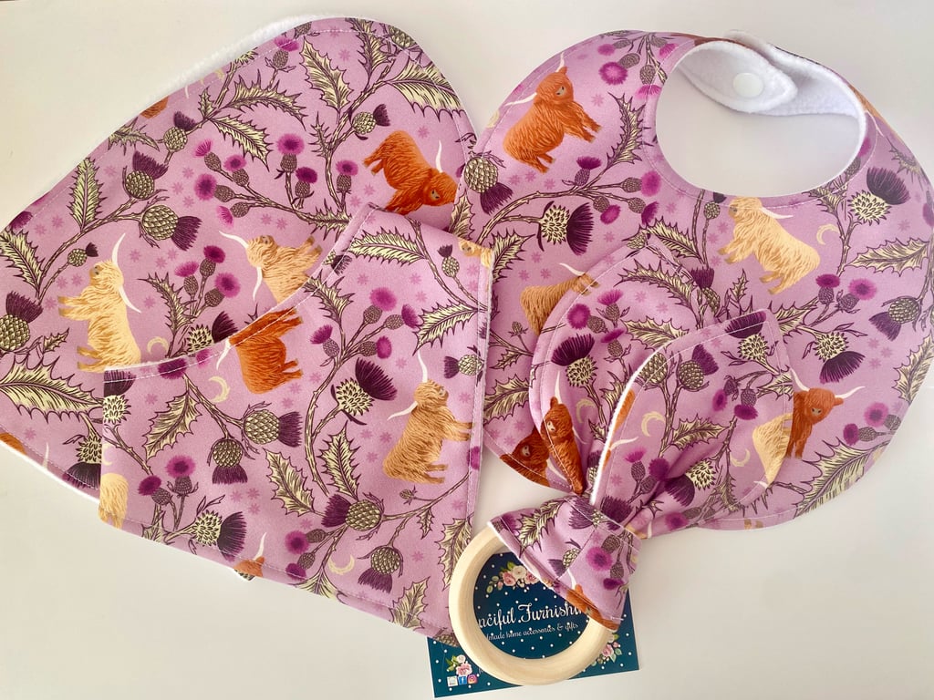 Four piece Highland Cow baby set - Baby Gift Set - Baby Shower Gift