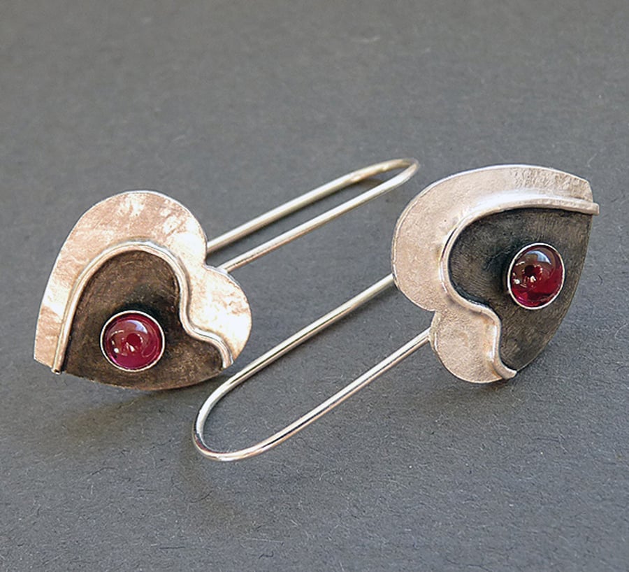 Sterling Silver Heart Earrings with Garnet