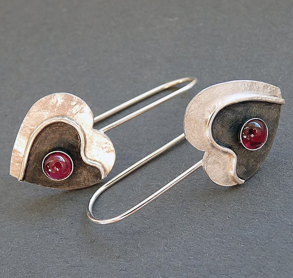 Sterling Silver Heart Earrings with Garnet