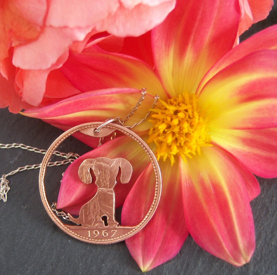 Dog pendant recycled from bronze penny coin (D1)