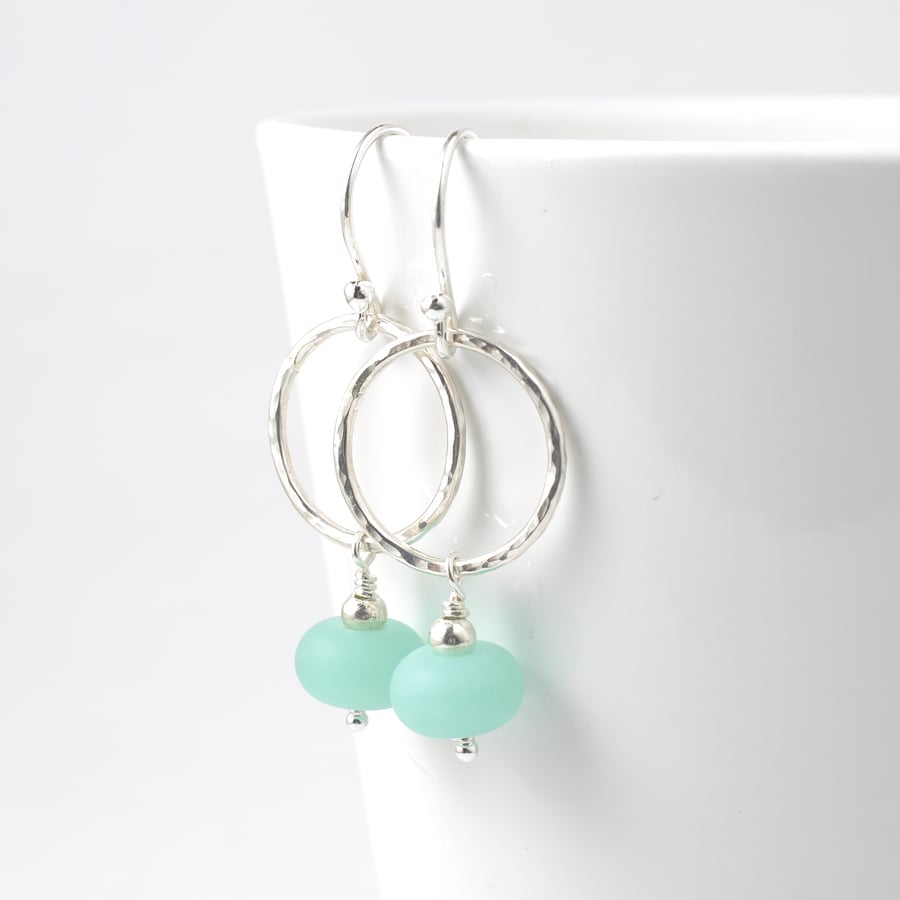 Light Sea Green Hoop Earrings in Sterling Silver and Glass