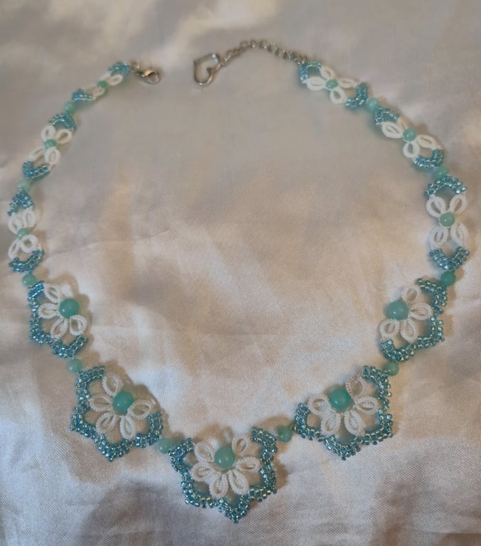 Turquoise White Lace Necklace – Handmade Tatted Jewellery