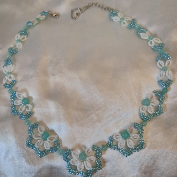 Turquoise White Lace Necklace – Handmade Tatted Jewellery